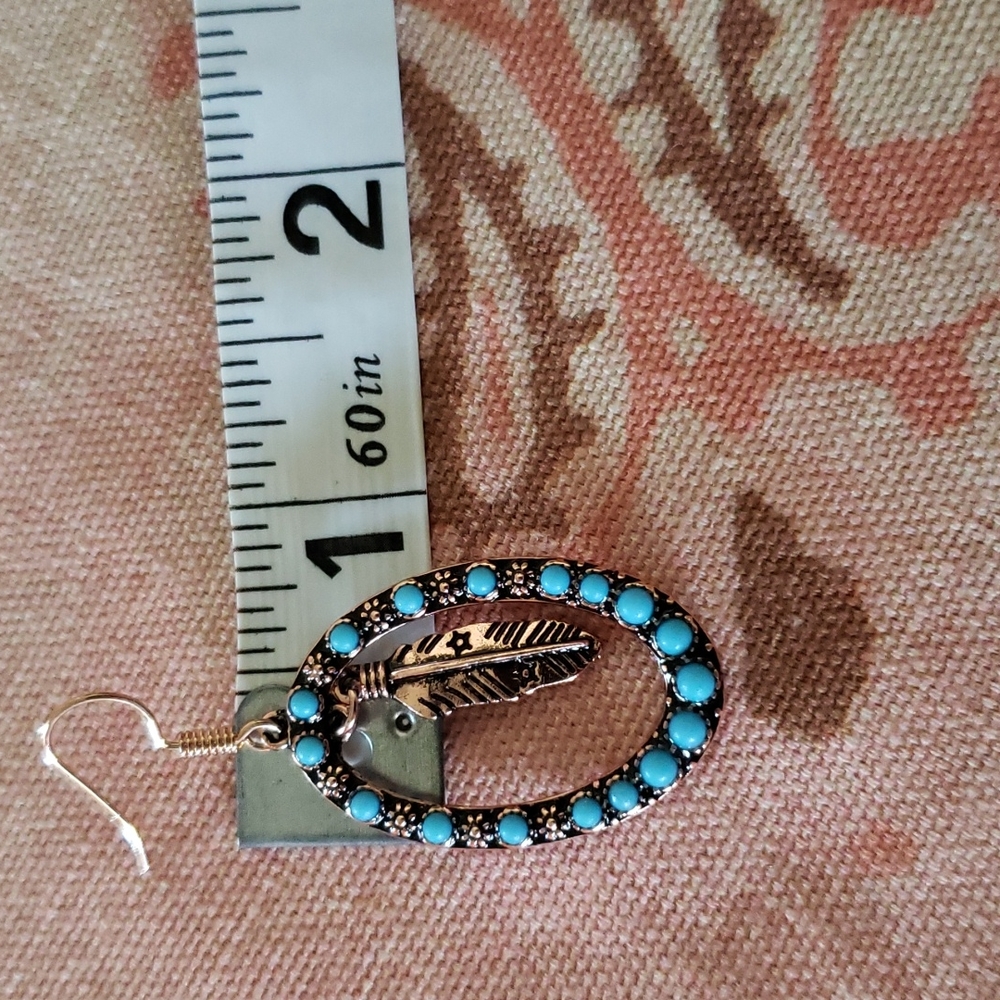 Feather Hoop Earrings. Oval Flower Floral Copper Color Boho Cowgirl Western - Picture 8 of 9